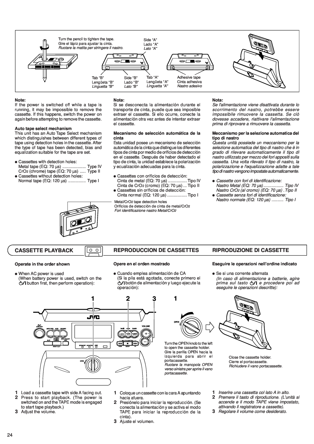 JVC RV-B55 GY/BU/LTD Cassette Playback, Reproduccion De Cassettes, Riproduzione Di Cassette, Auto tape select mechanism 