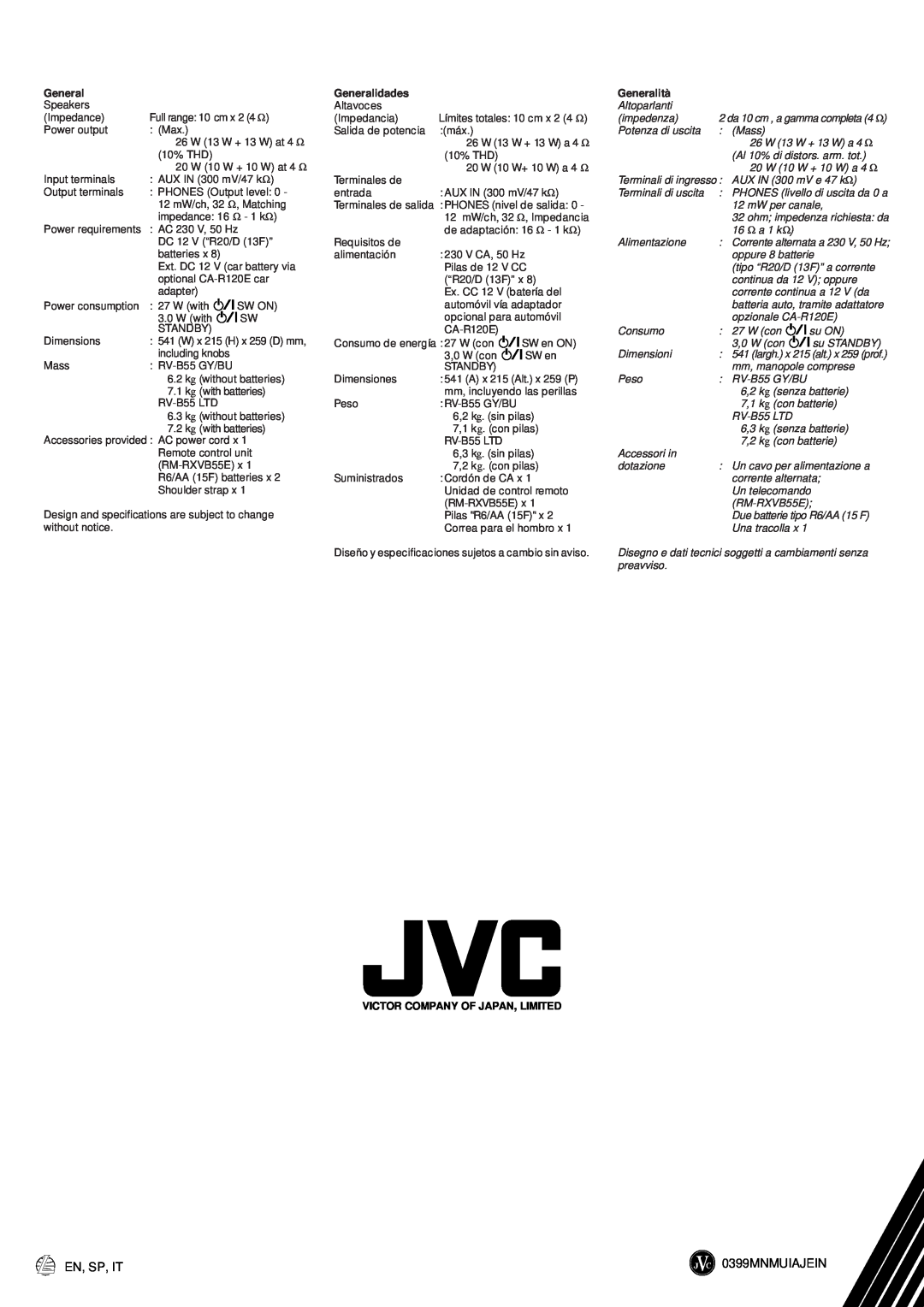 JVC RV-B55 GY/BU/LTD manual En, Sp, It, 0399MNMUIAJEIN, Generalidades, Victor Company Of Japan, Limited, Generalità 