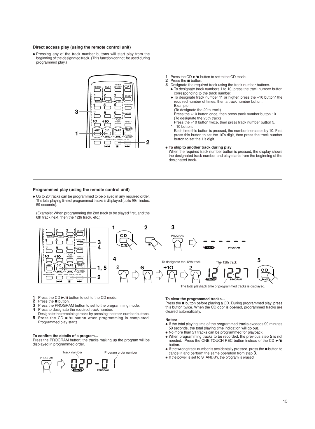 JVC RV-B550 BU/RD manual Direct access play using the remote control unit, Programmed play using the remote control unit 