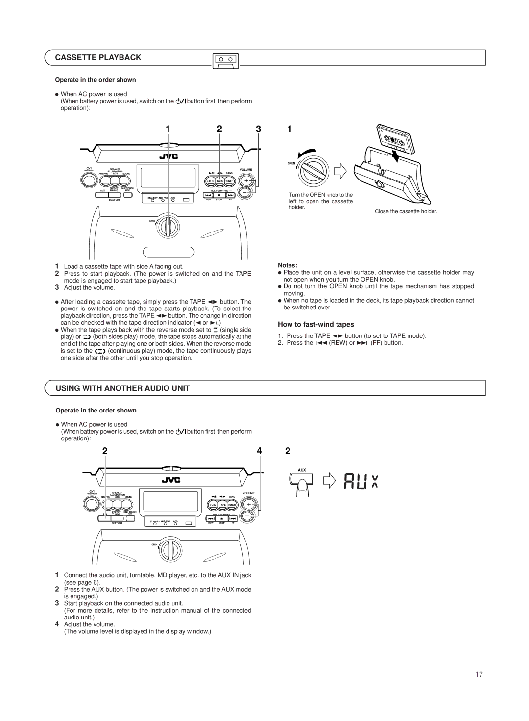 JVC RV-B550 BU/RD manual Cassette Playback, Using with Another Audio Unit, How to fast-wind tapes 