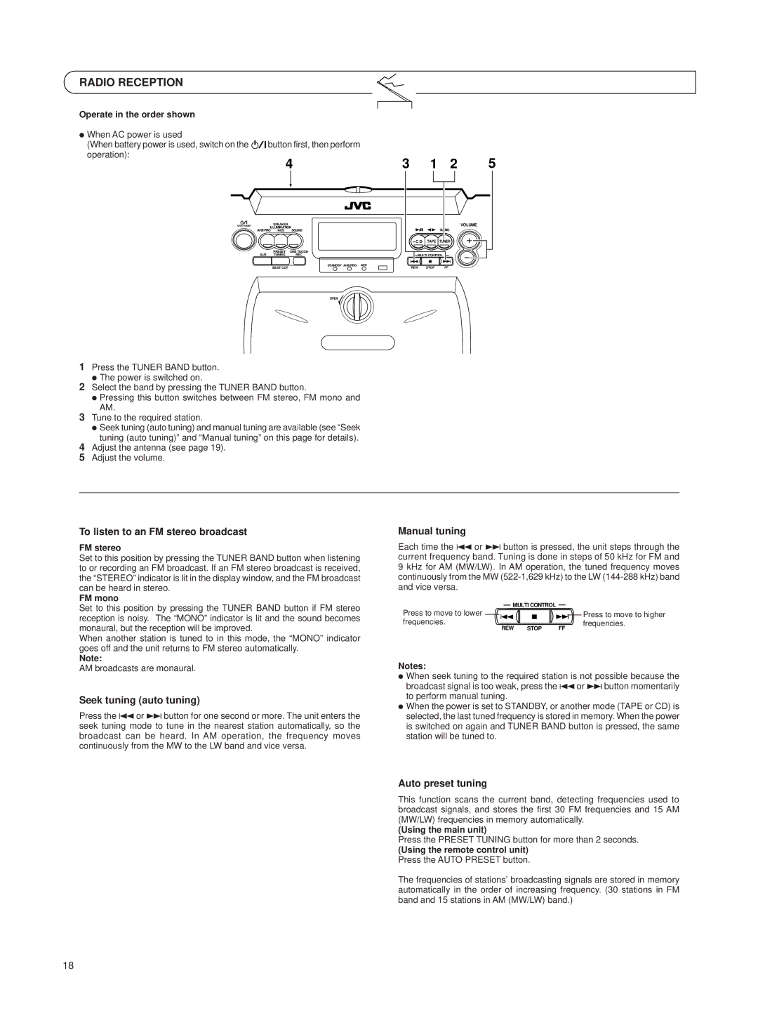 JVC RV-B550 BU/RD manual Radio Reception, To listen to an FM stereo broadcast, Seek tuning auto tuning, Manual tuning 