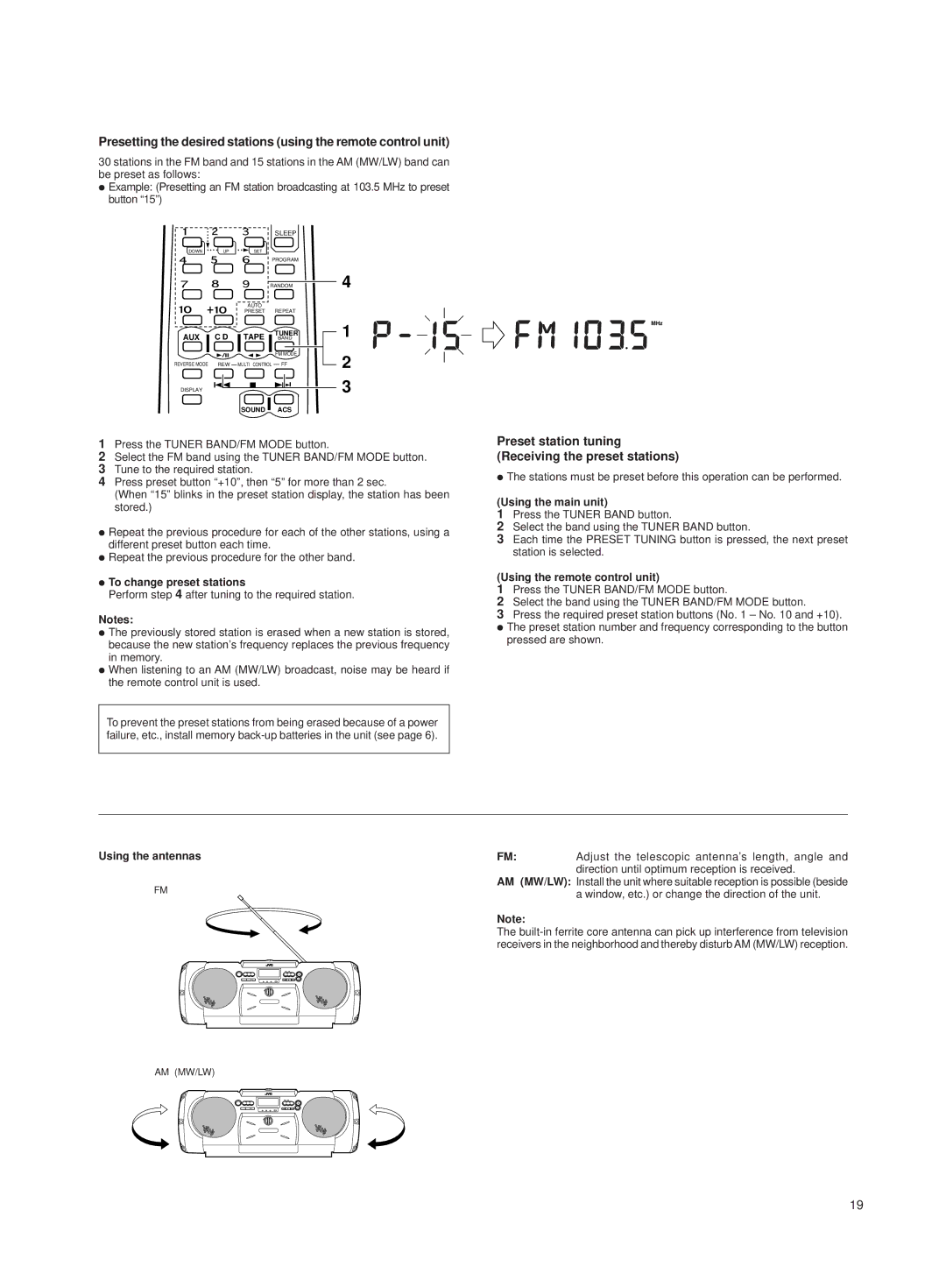 JVC RV-B550 BU/RD manual Preset station tuning Receiving the preset stations, To change preset stations, Pressed are shown 