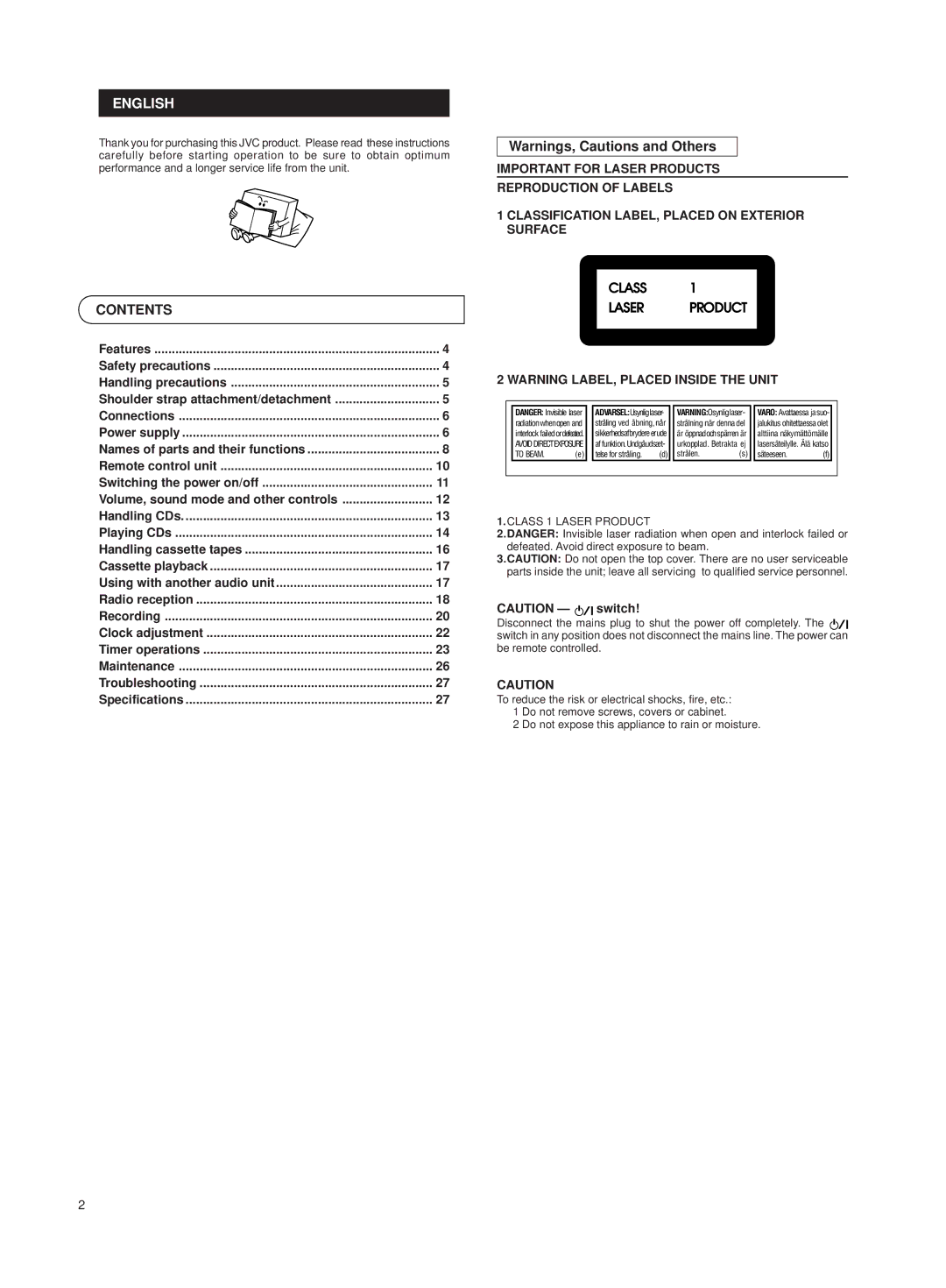 JVC RV-B550 BU/RD manual English, Contents 