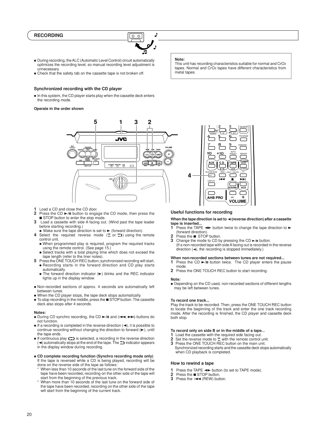 JVC RV-B550 BU/RD manual Recording, Synchronized recording with the CD player, Useful functions for recording 