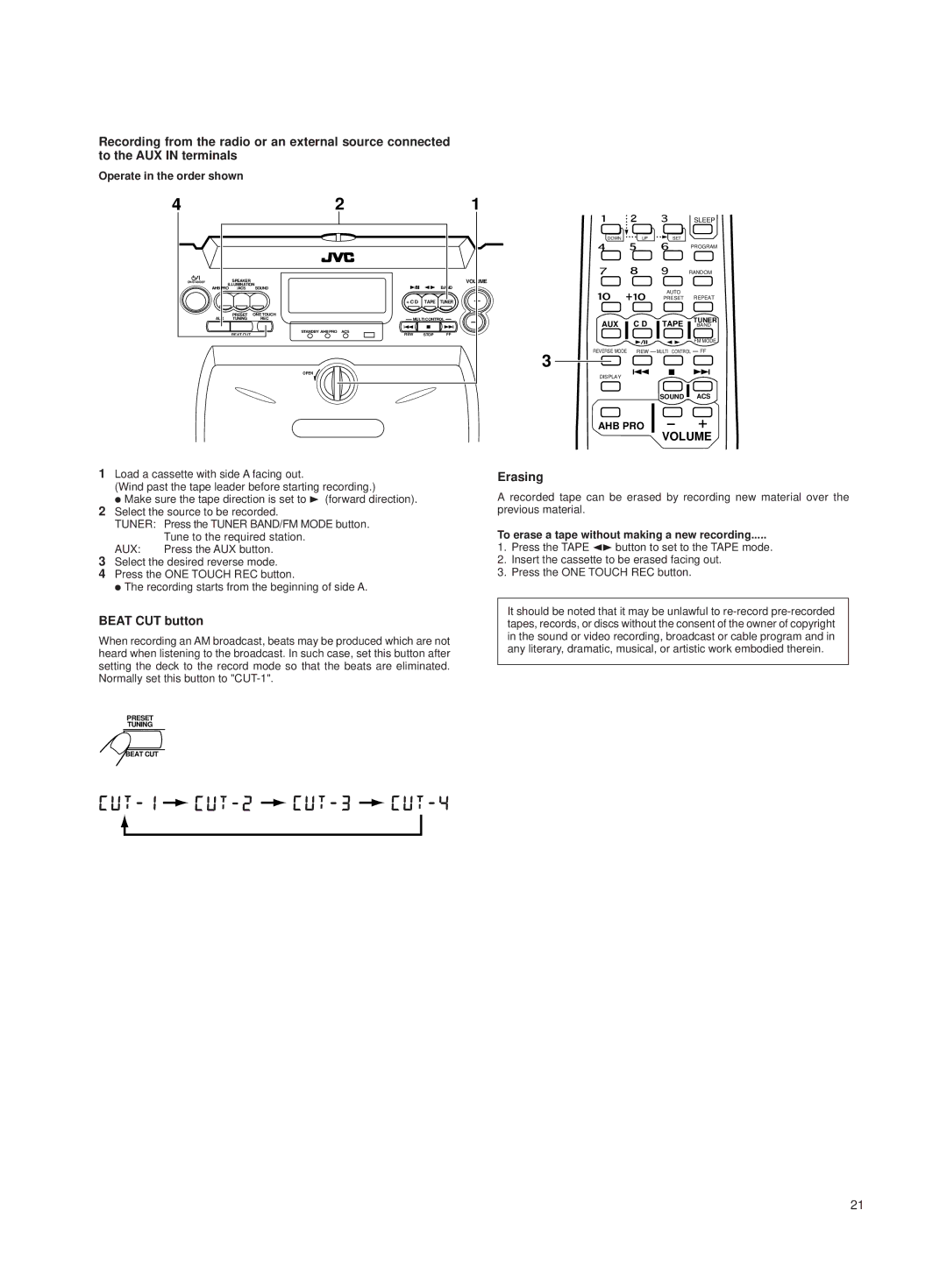 JVC RV-B550 BU/RD manual Beat CUT button, Erasing, To erase a tape without making a new recording 