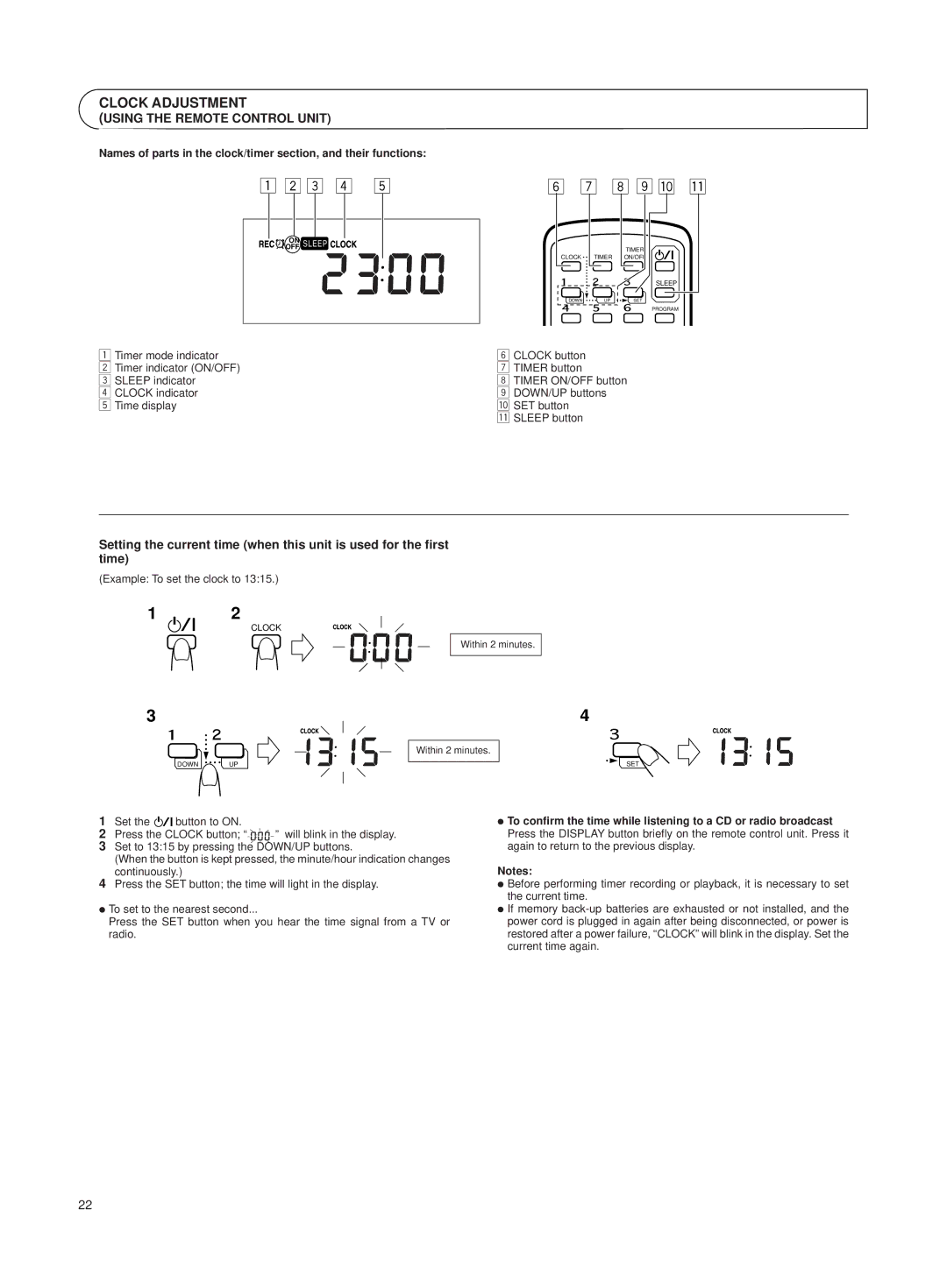 JVC RV-B550 BU/RD manual Clock Adjustment, Example To set the clock to 