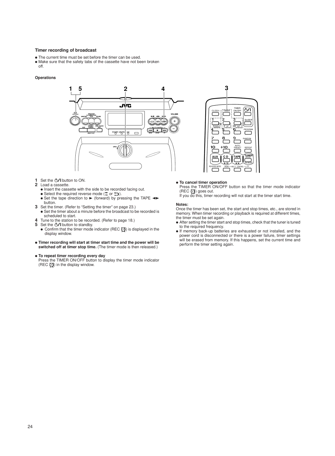 JVC RV-B550 BU/RD Timer recording of broadcast, Operations, To repeat timer recording every day, To cancel timer operation 