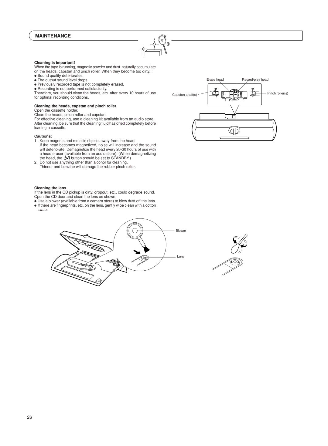 JVC RV-B550 BU/RD Maintenance, Cleaning is important, Cleaning the heads, capstan and pinch roller, Cleaning the lens 