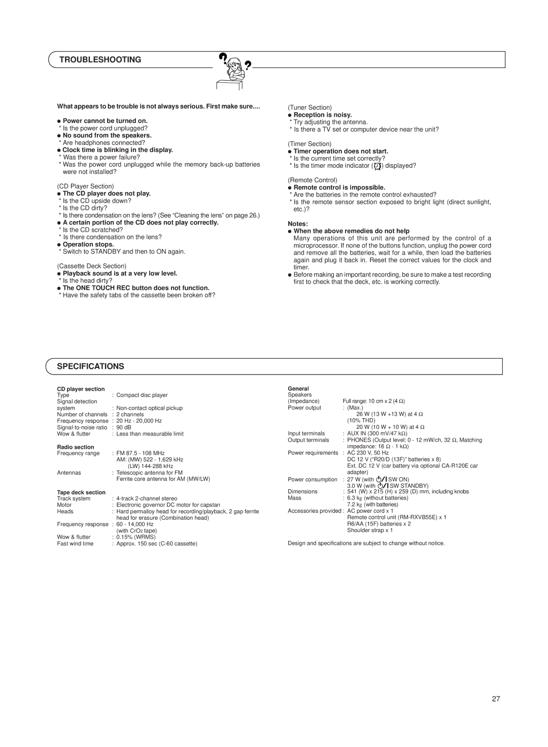 JVC RV-B550 BU/RD manual Troubleshooting, Specifications 