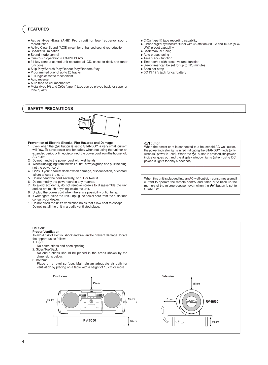 JVC RV-B550 BU/RD manual Features, Safety Precautions 