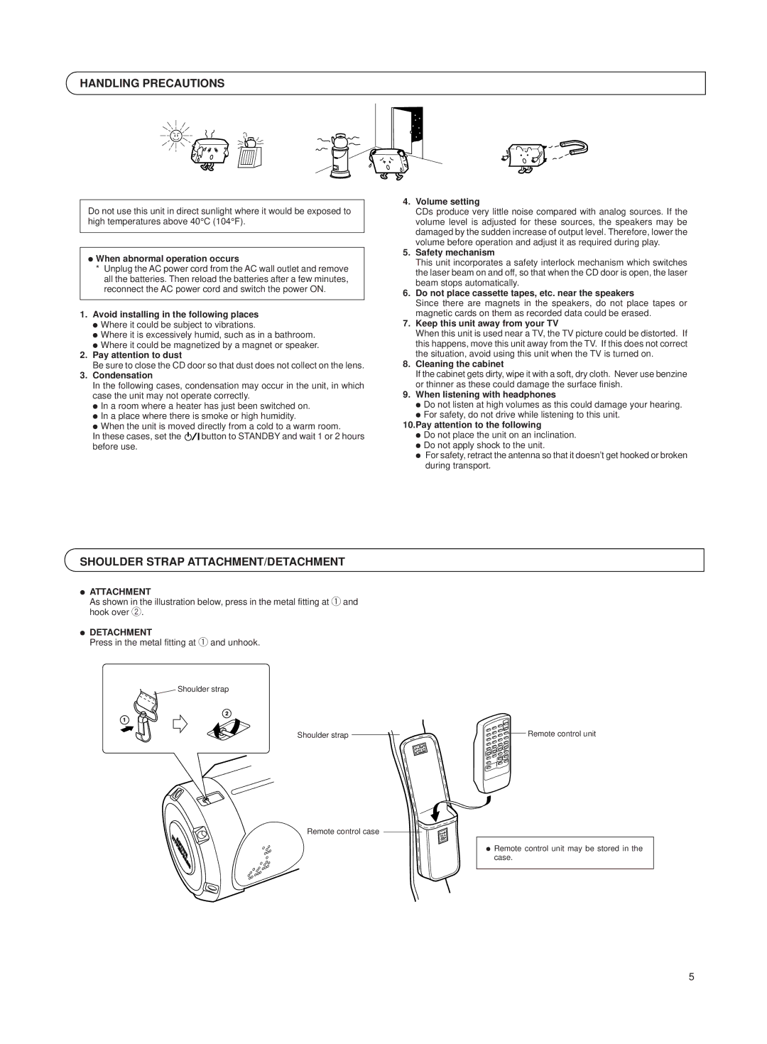 JVC RV-B550 BU/RD manual Handling Precautions, Shoulder Strap ATTACHMENT/DETACHMENT 