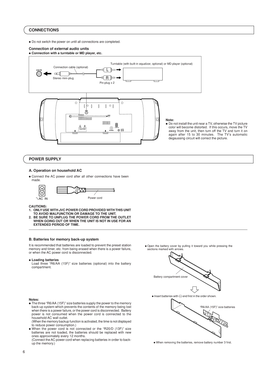 JVC RV-B550 BU/RD manual Connections, Power Supply, Connection of external audio units, Operation on household AC 