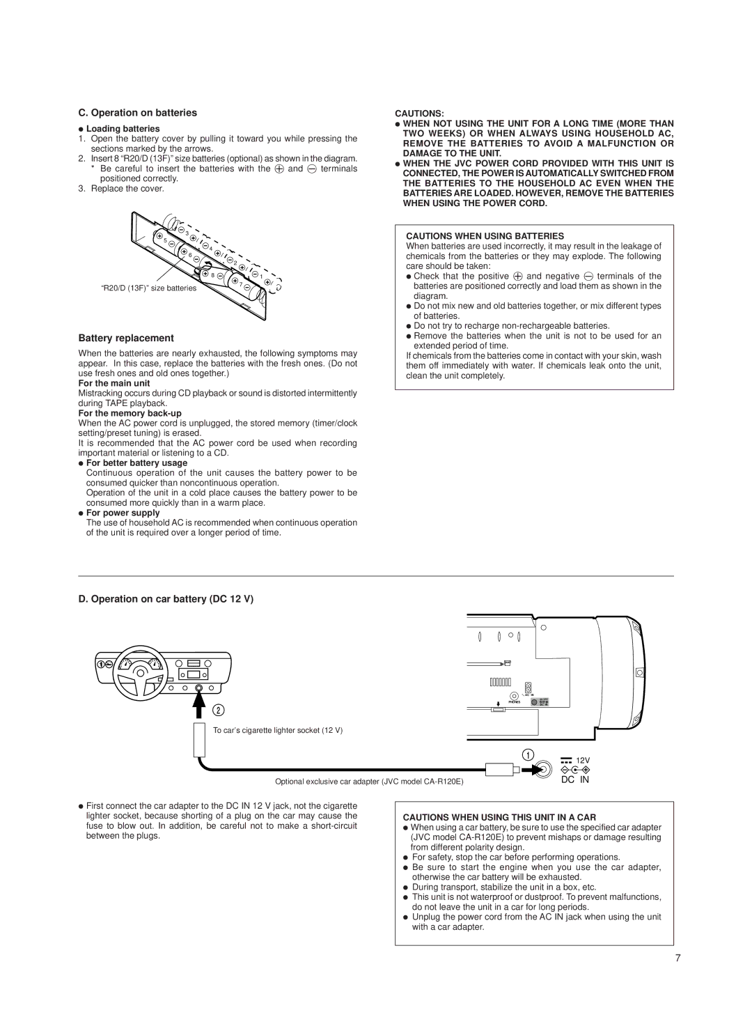 JVC RV-B550 BU/RD manual Operation on batteries, Battery replacement, Operation on car battery DC 12 