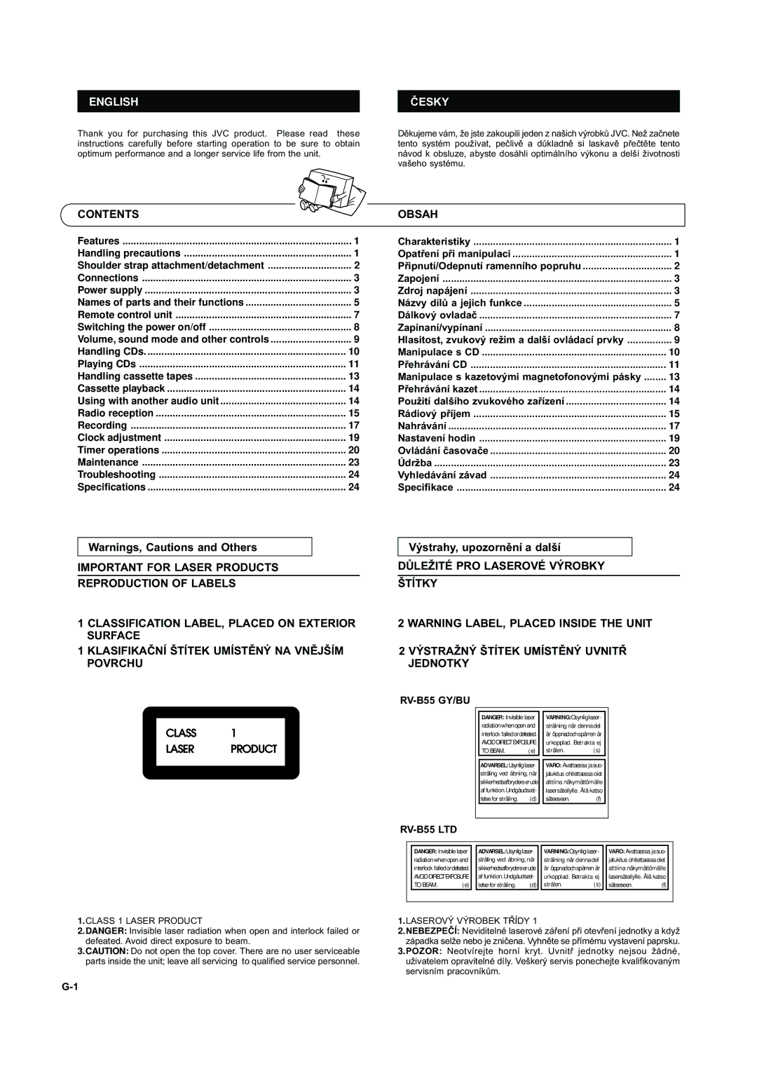 JVC RV-B55LTD, RV-B55GY, RV-B55BU, LVT0209-004A, LVT0209-008A, 0399MNMUIAJEINEN manual Česky, Contents, Obsah 