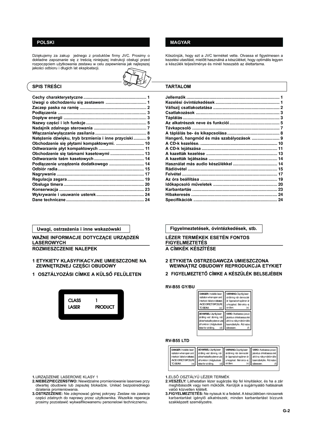 JVC LVT0209-004A, RV-B55GY, RV-B55BU, RV-B55LTD, LVT0209-008A, 0399MNMUIAJEINEN manual Polski, Spis Treści, Magyar, Tartalom 