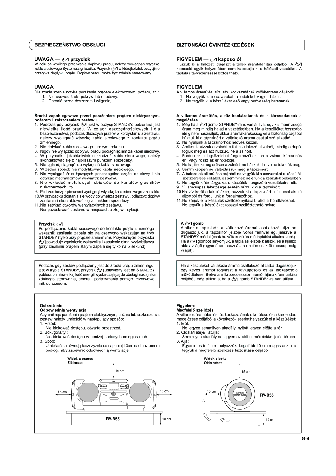 JVC 0399MNMUIAJEINEN, RV-B55GY manual Bezpieczeństwo Obsługi Biztonsági Óvintézkedések, Uwaga przycisk, Figyelem kapcsoló 