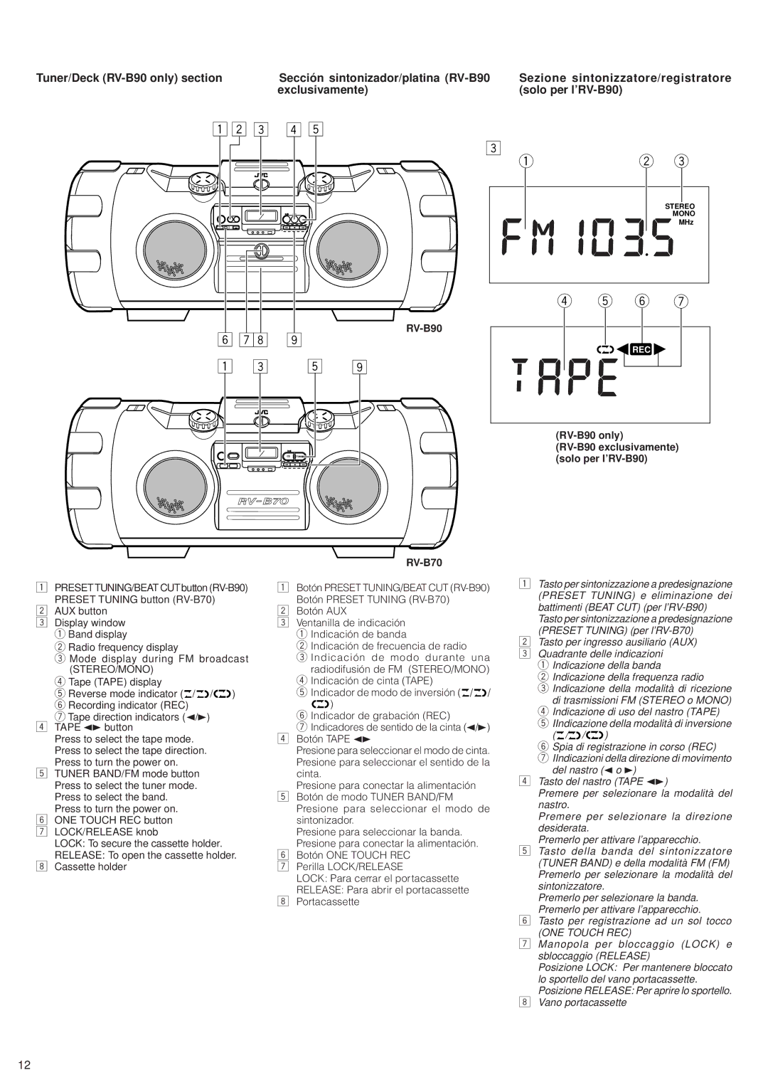 JVC RV-B70 Tasto per registrazione ad un sol tocco, ONE Touch REC, Manopola per bloccaggio Lock e sbloccaggio Release 