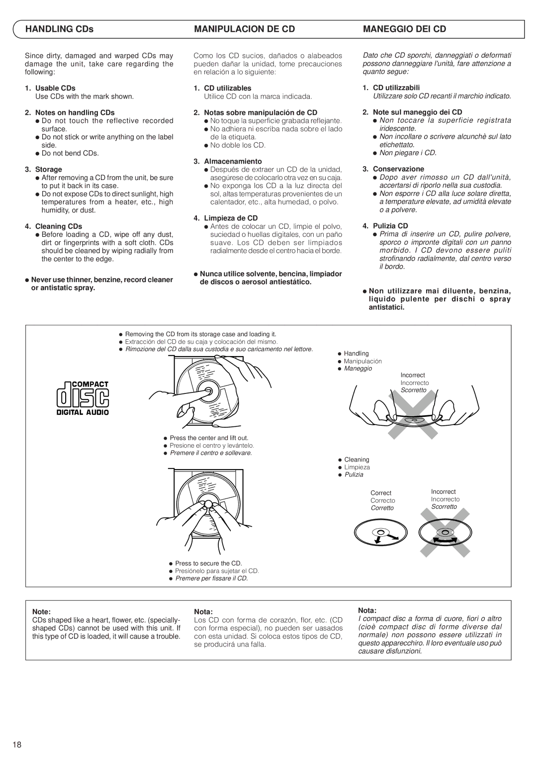 JVC RV-B70, RV-B90 manual Manipulacion DE CD Maneggio DEI CD 