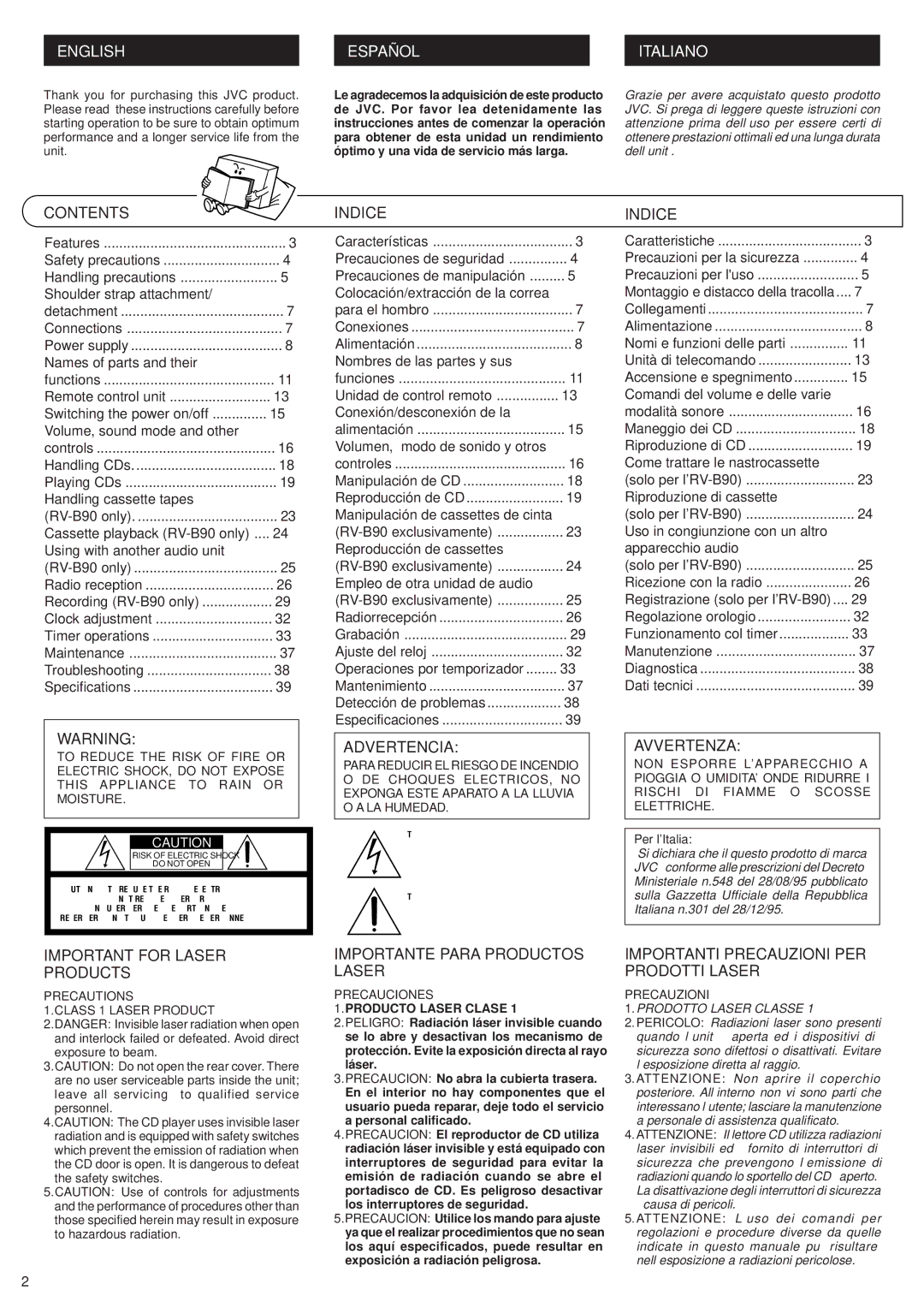 JVC RV-B70 manual Contents, Indice, Advertencia, Avvertenza, Important for Laser Products, Importante Para Productos Laser 