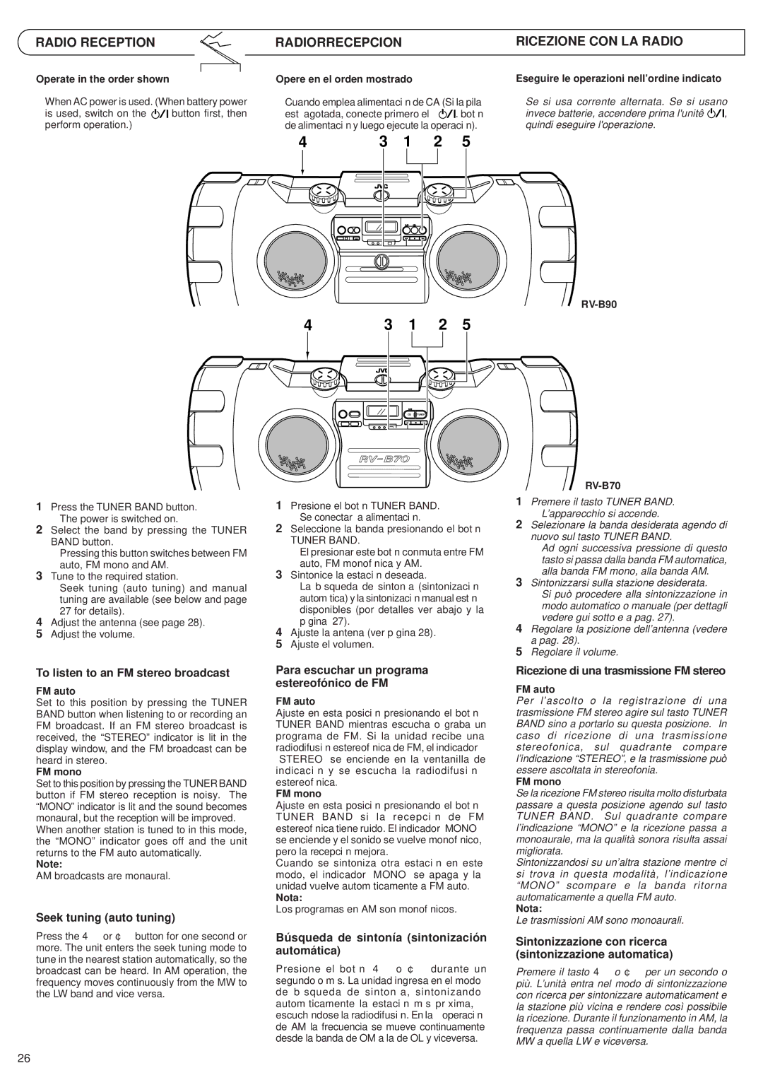 JVC RV-B70, RV-B90 manual Radio Reception, Radiorrecepcion, Ricezione CON LA Radio 