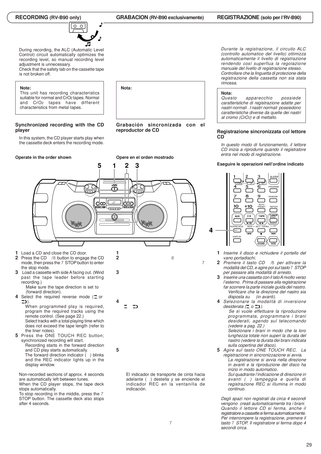 JVC RV-B70 manual Recording RV-B90 only Grabacion RV-B90 exclusivamente, Synchronized recording with the CD player 