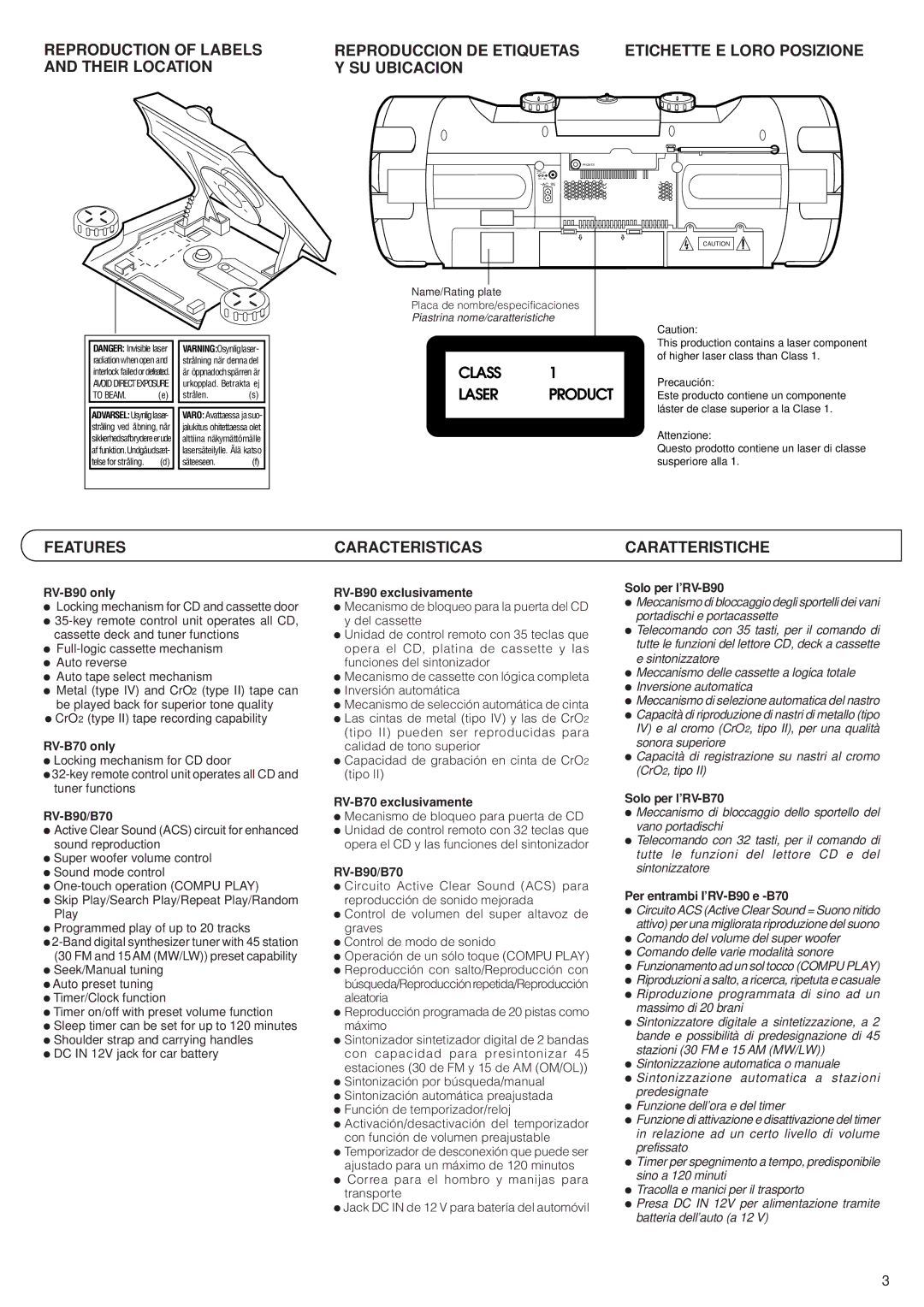 JVC RV-B90, RV-B70 manual Features Caracteristicas Caratteristiche 