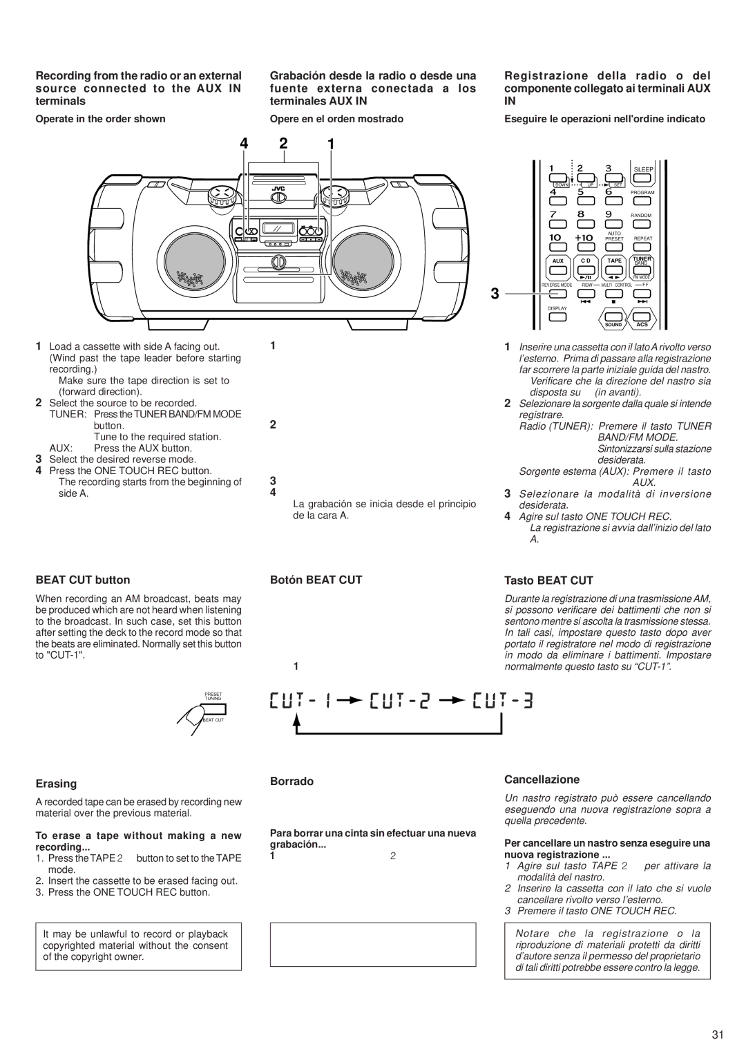 JVC RV-B90, RV-B70 manual Beat CUT button, Botón Beat CUT, Tasto Beat CUT, Erasing, Borrado, Cancellazione 