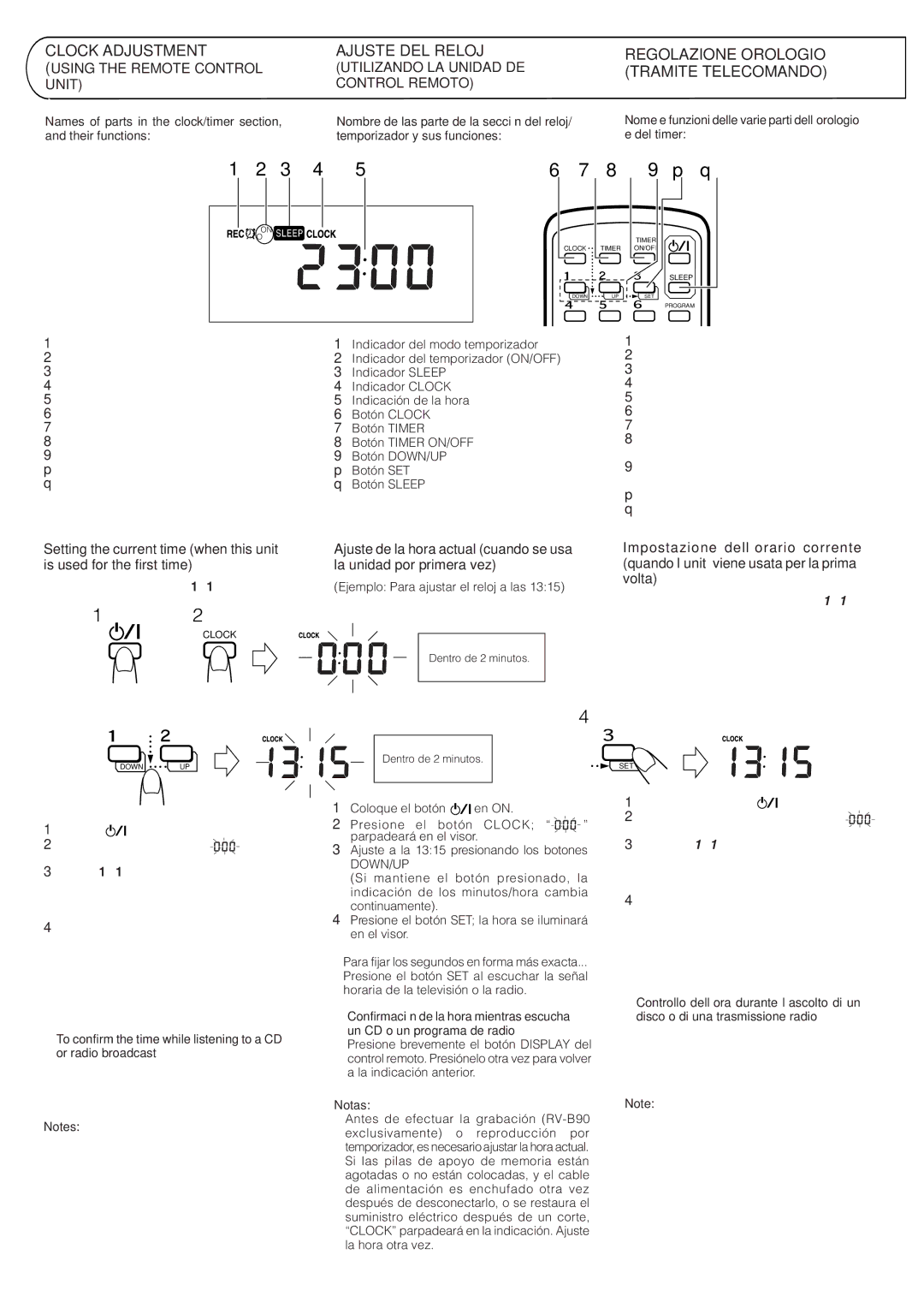 JVC RV-B70, RV-B90 manual Clock Adjustment, Ajuste DEL Reloj, Regolazione Orologio Tramite Telecomando 