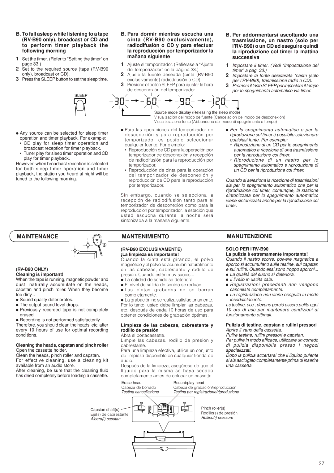 JVC RV-B70 manual Maintenance, Mantenimiento, Manutenzione, RV-B90 Exclusivamente ¡La limpieza es importante 