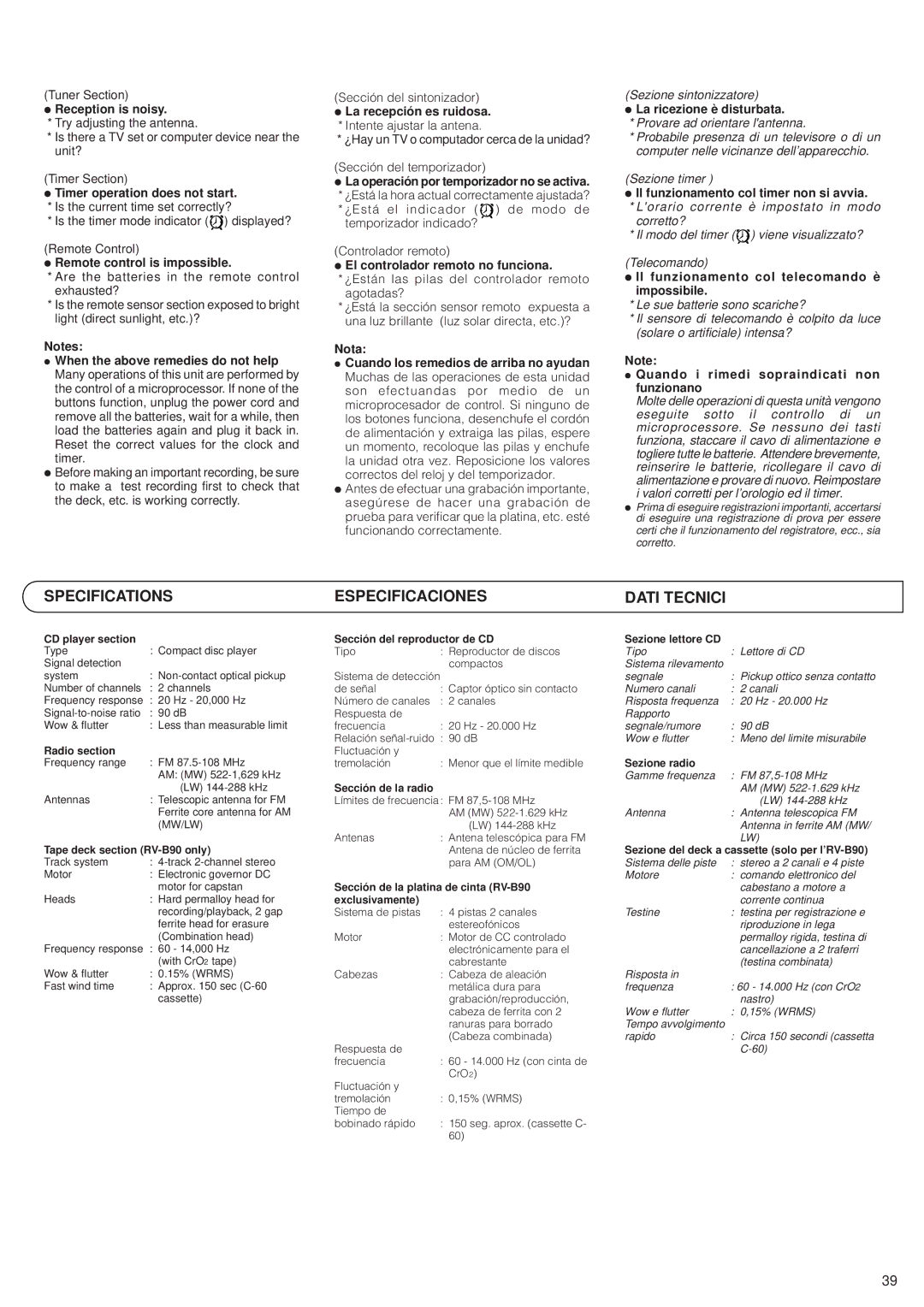 JVC RV-B90, RV-B70 manual Specifications, Especificaciones 