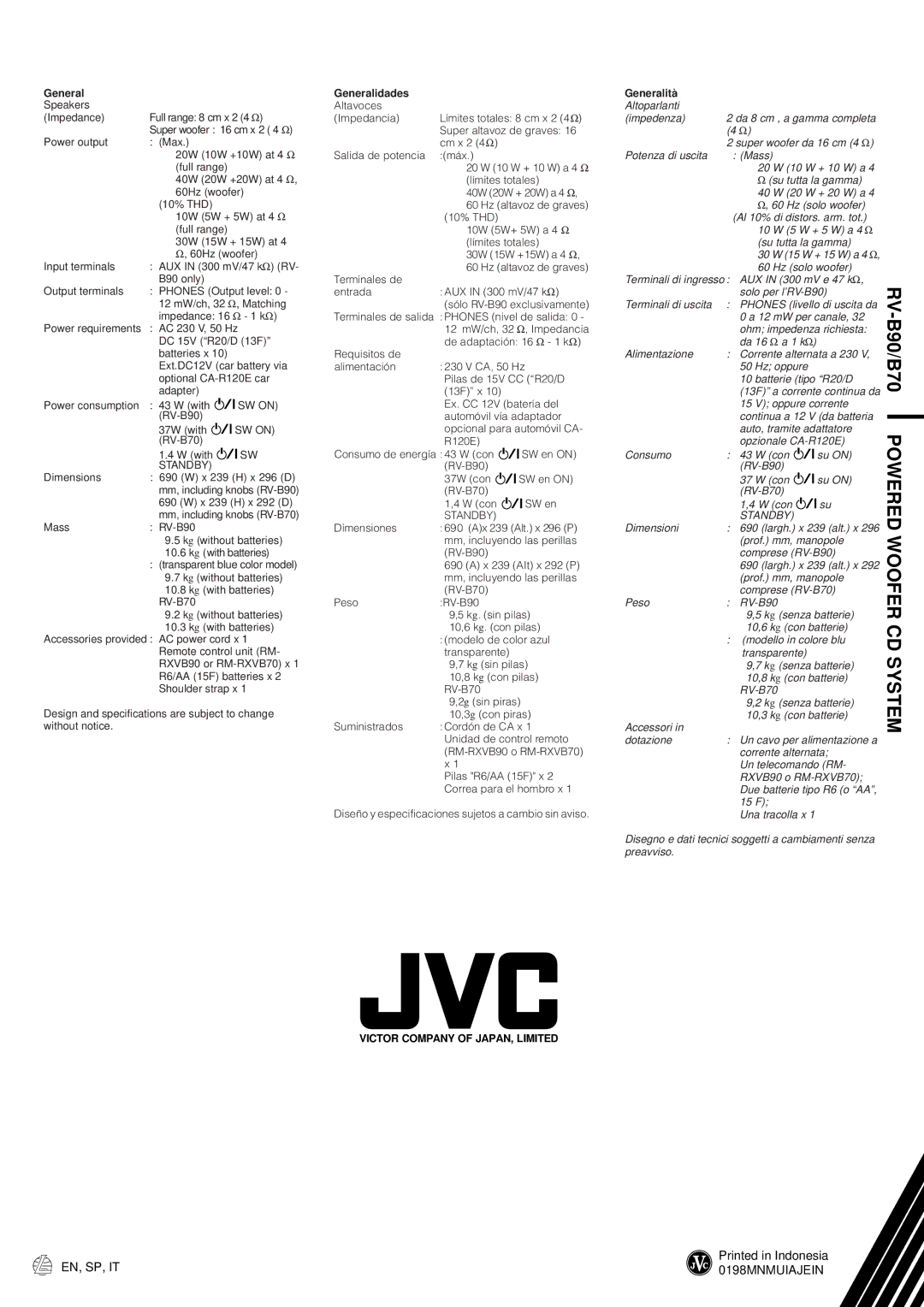 JVC RV-B70, RV-B90 manual EN, SP, IT 0198MNMUIAJEIN, General 