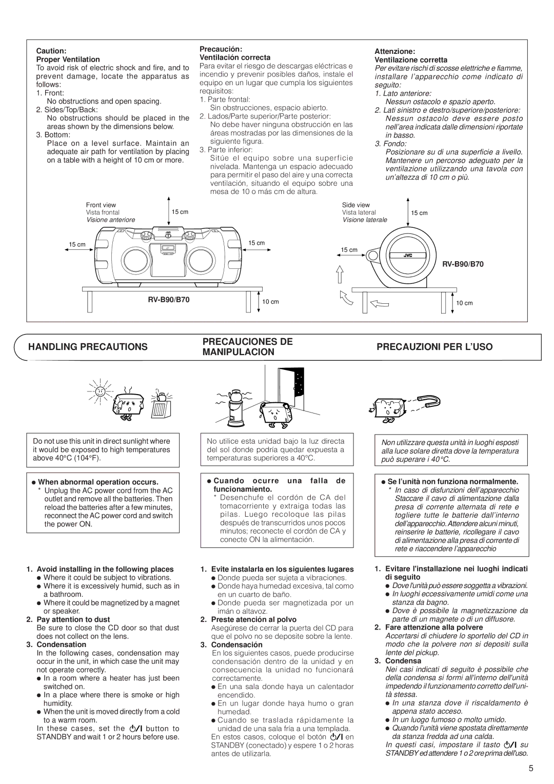 JVC RV-B90 Proper Ventilation, Precaución Ventilación correcta, Attenzione Ventilazione corretta, Pay attention to dust 