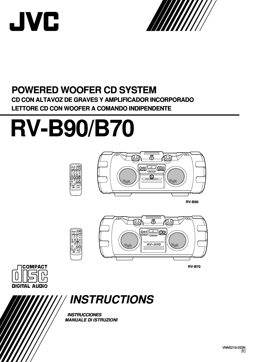 JVC manual RV-B90/B70, Instructions, Powered Woofer Cd System, Instrucciones Manuale Di Istruzioni, Cd Tuner, Sleep 