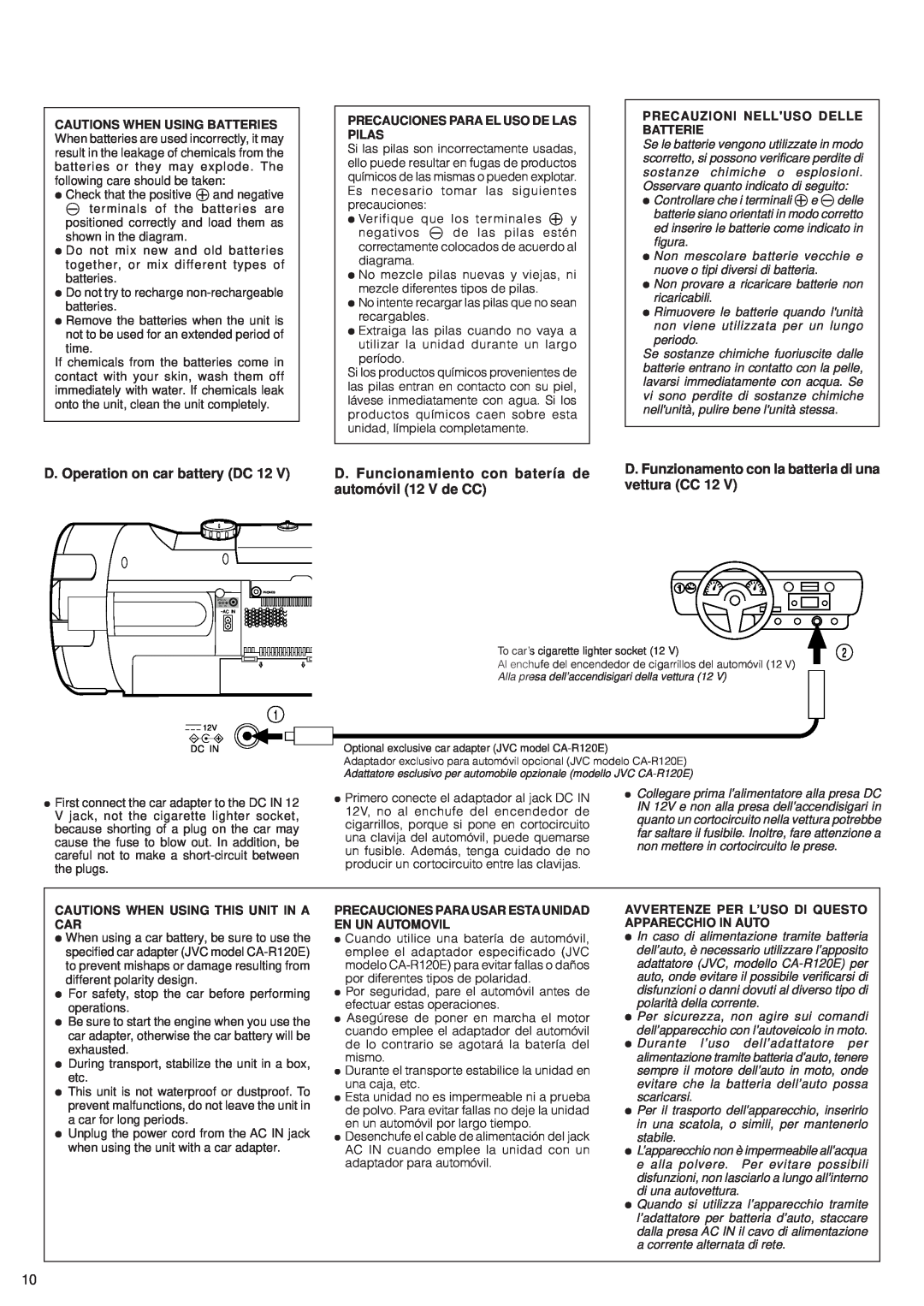 JVC RV-B70, RV-B90 manual D. Operation on car battery DC, D. Funcionamiento con batería de, vettura CC, automóvil 12 V de CC 