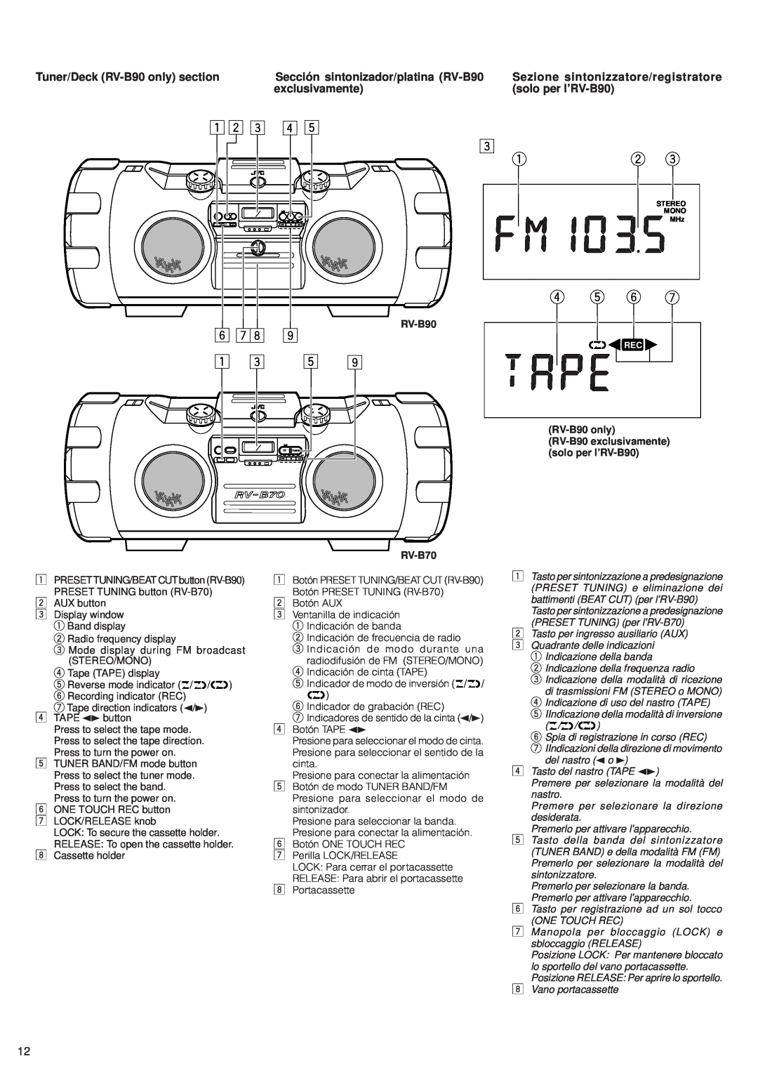 JVC RV-B70 manual Tuner/Deck RV-B90only section, Sección sintonizador/platina RV-B90, Sezione sintonizzatore/registratore 