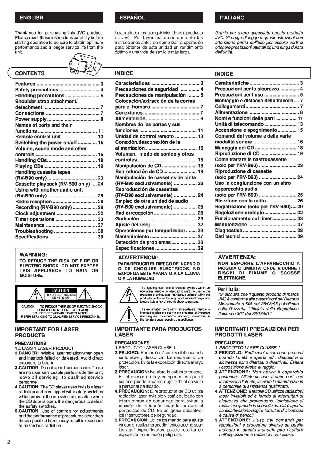 JVC RV-B70 manual Contents, Indice, Advertencia, Avvertenza, Important For Laser Products, Importante Para Productos Laser 