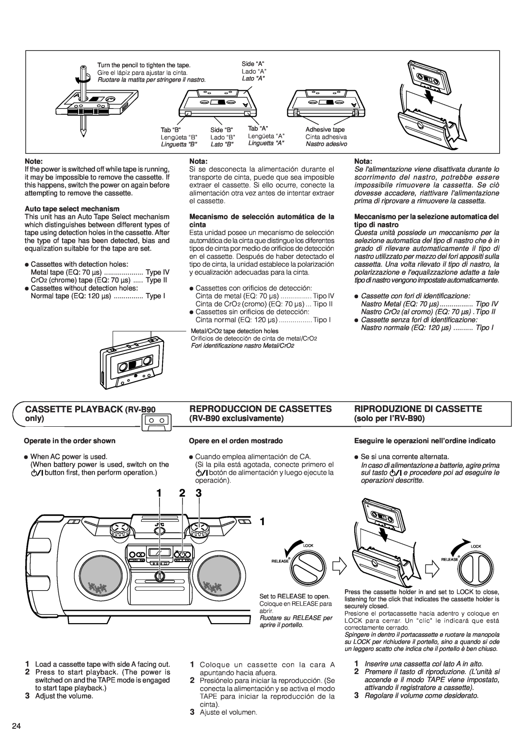 JVC RV-B70 manual CASSETTE PLAYBACK RV-B90, Reproduccion De Cassettes, Riproduzione Di Cassette, only, RV-B90exclusivamente 