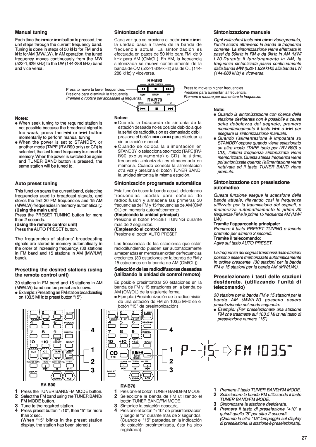 JVC RV-B90, RV-B70 Manual tuning, Sintonización manual, Sintonizzazione manuale, Auto preset tuning 