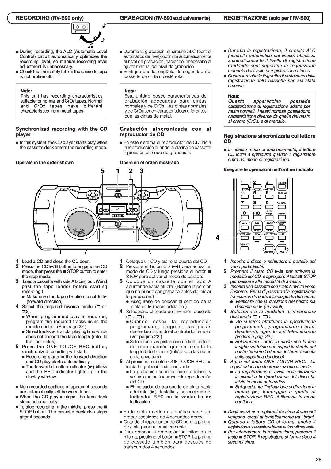 JVC RV-B70 manual RECORDING RV-B90only, GRABACION RV-B90exclusivamente, Synchronized recording with the CD player 