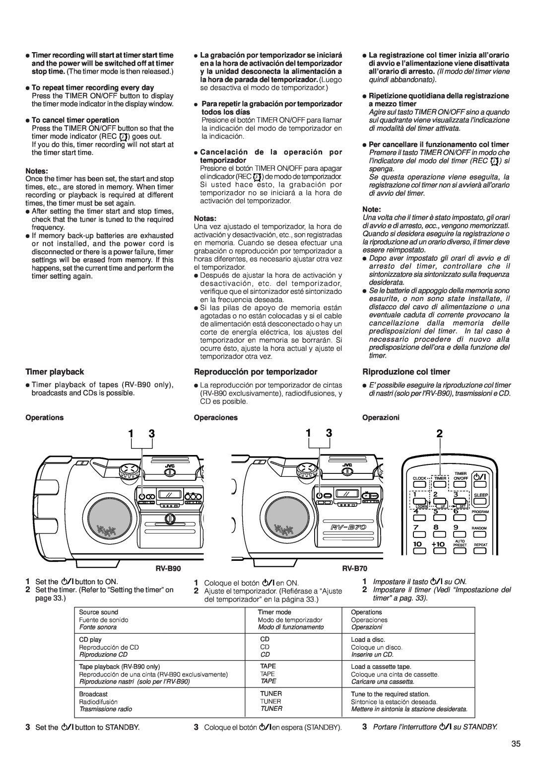 JVC RV-B90, RV-B70 manual Timer playback, Reproducción por temporizador, Riproduzione col timer 