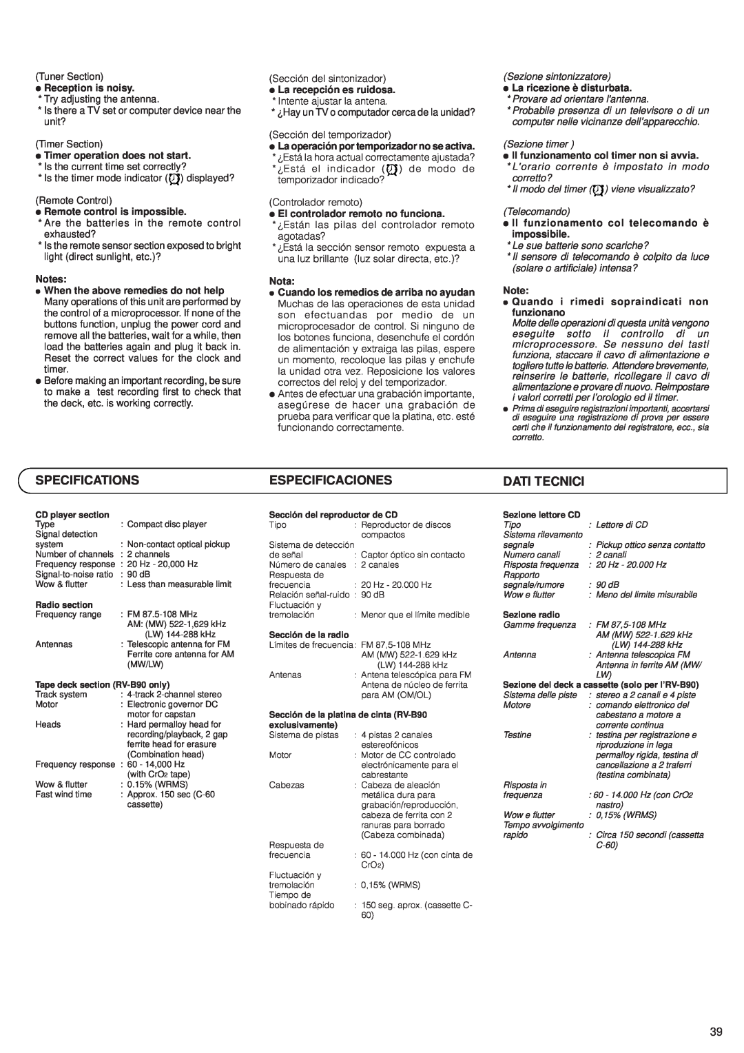 JVC RV-B90, RV-B70 manual Specifications, Especificaciones 