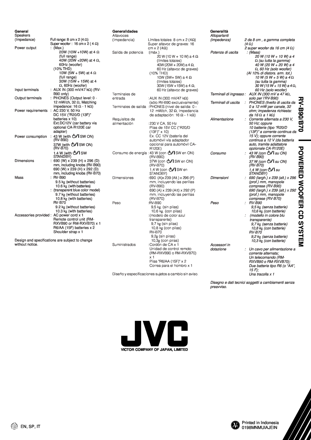 JVC RV-B70 manual RV-B90/B70POWERED WOOFER CD SYSTEM, Generalidades, Victor Company Of Japan, Limited, Generalità 