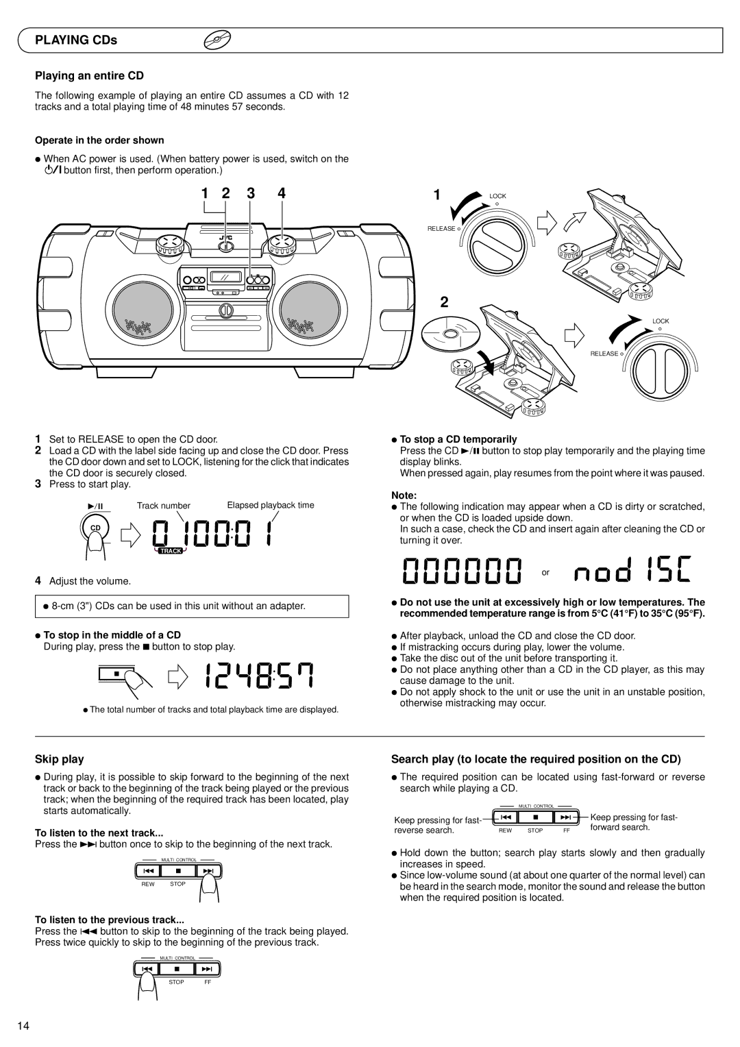 JVC RV-B99 BK/BU manual Playing an entire CD, Skip play, Search play to locate the required position on the CD 