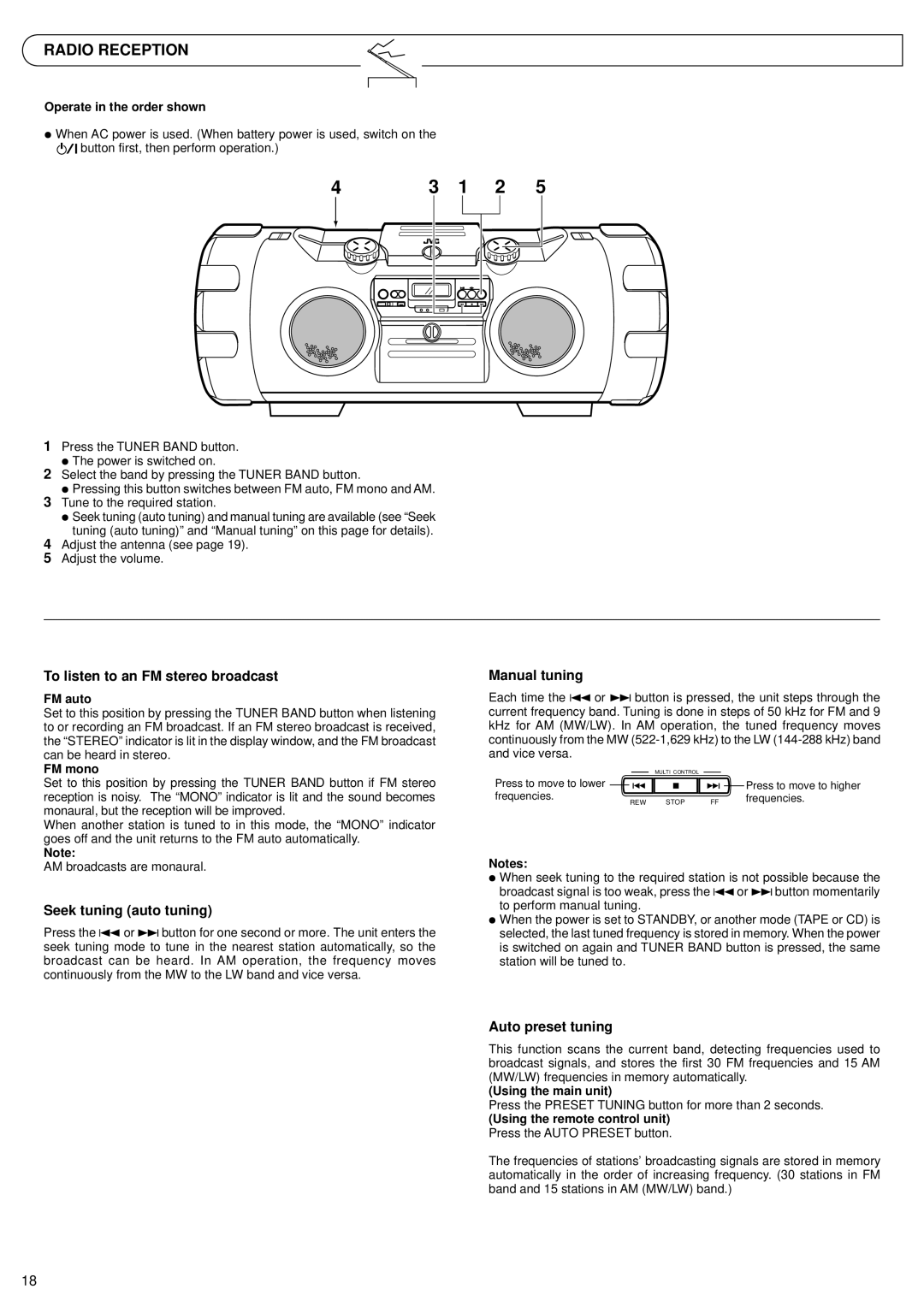 JVC RV-B99 BK/BU manual Radio Reception, To listen to an FM stereo broadcast, Seek tuning auto tuning, Manual tuning 