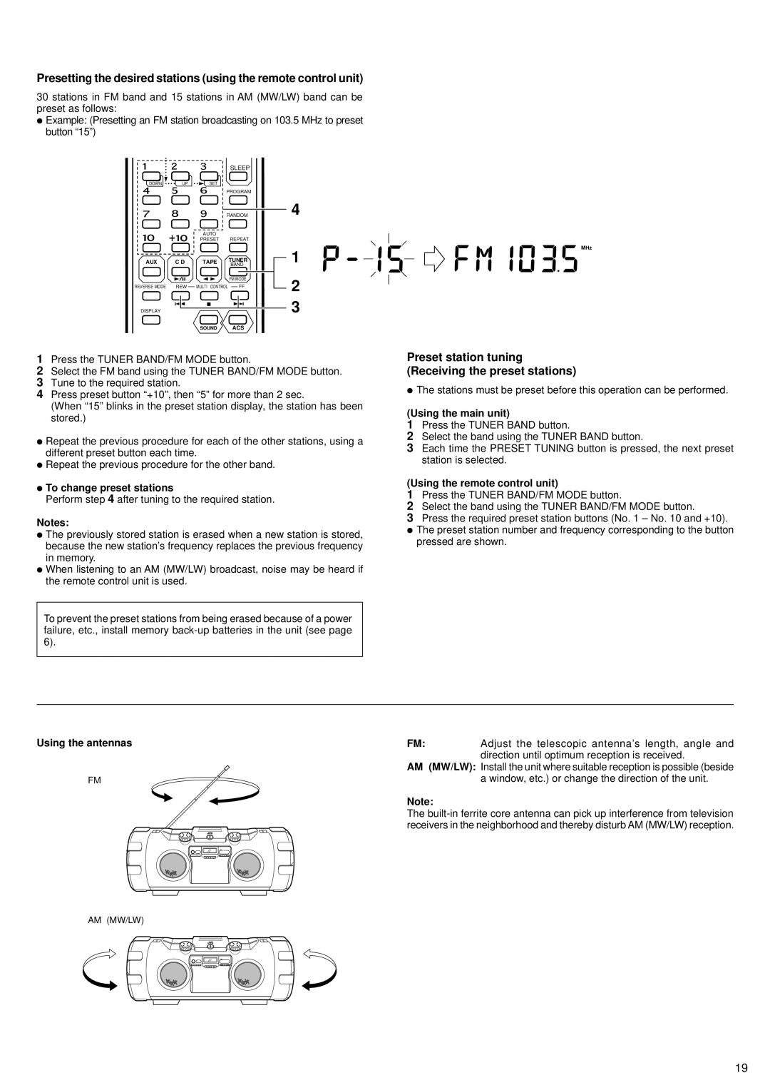 JVC RV-B99 BK/BU manual Preset station tuning Receiving the preset stations, To change preset stations, Using the antennas 