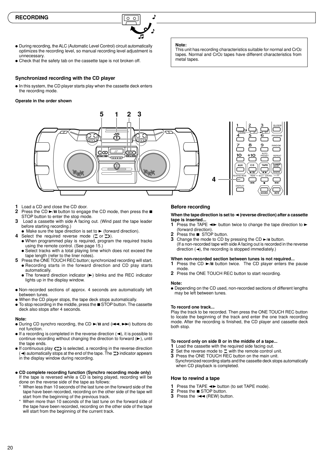 JVC RV-B99 BK/BU manual Recording, Synchronized recording with the CD player, Before recording, How to rewind a tape 