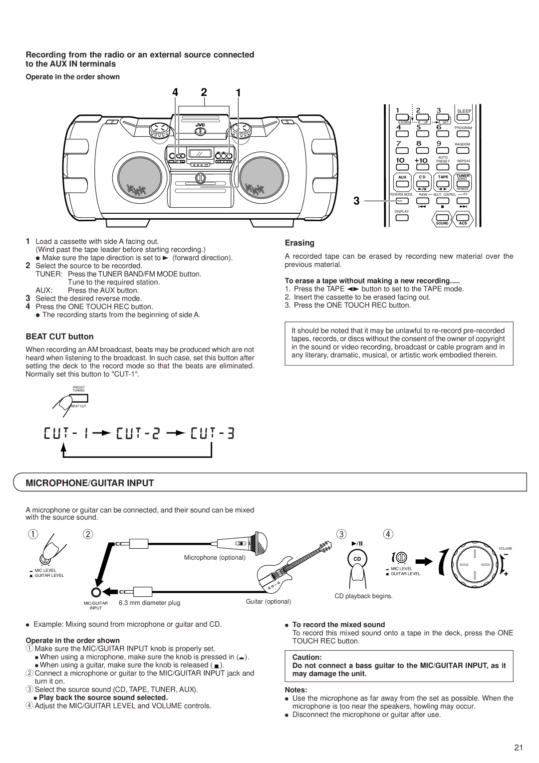 JVC RV-B99 BK/BU manual MICROPHONE/GUITAR Input, Beat CUT button, Erasing 