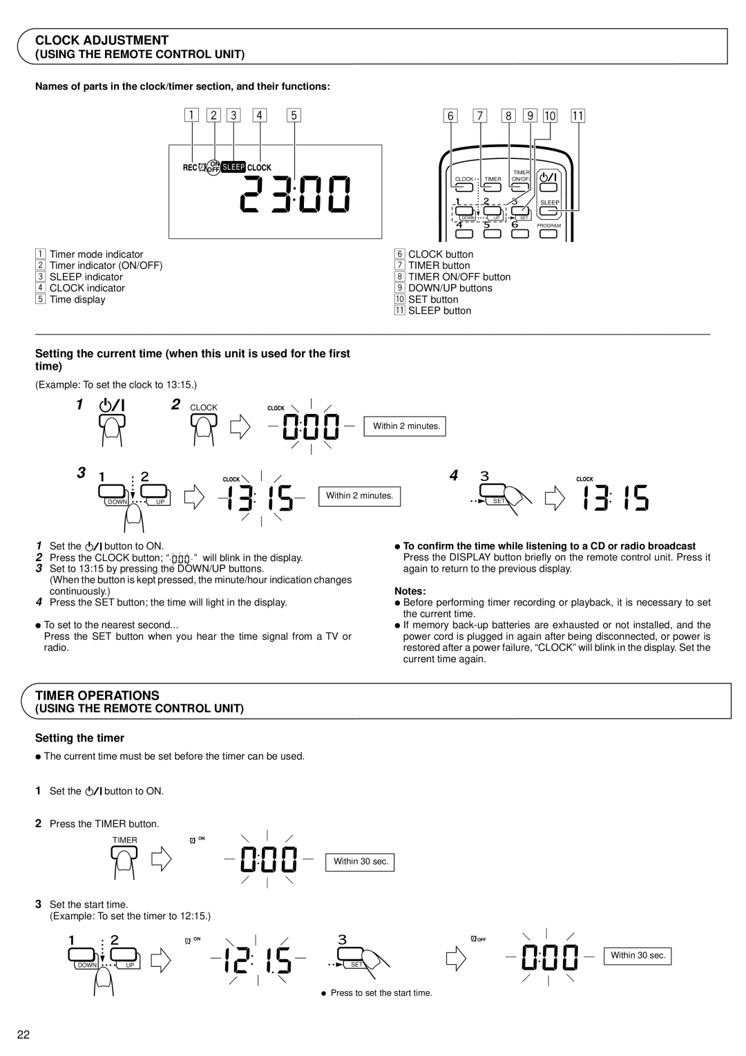 JVC RV-B99 BK/BU manual Clock Adjustment, Timer Operations, Setting the timer 