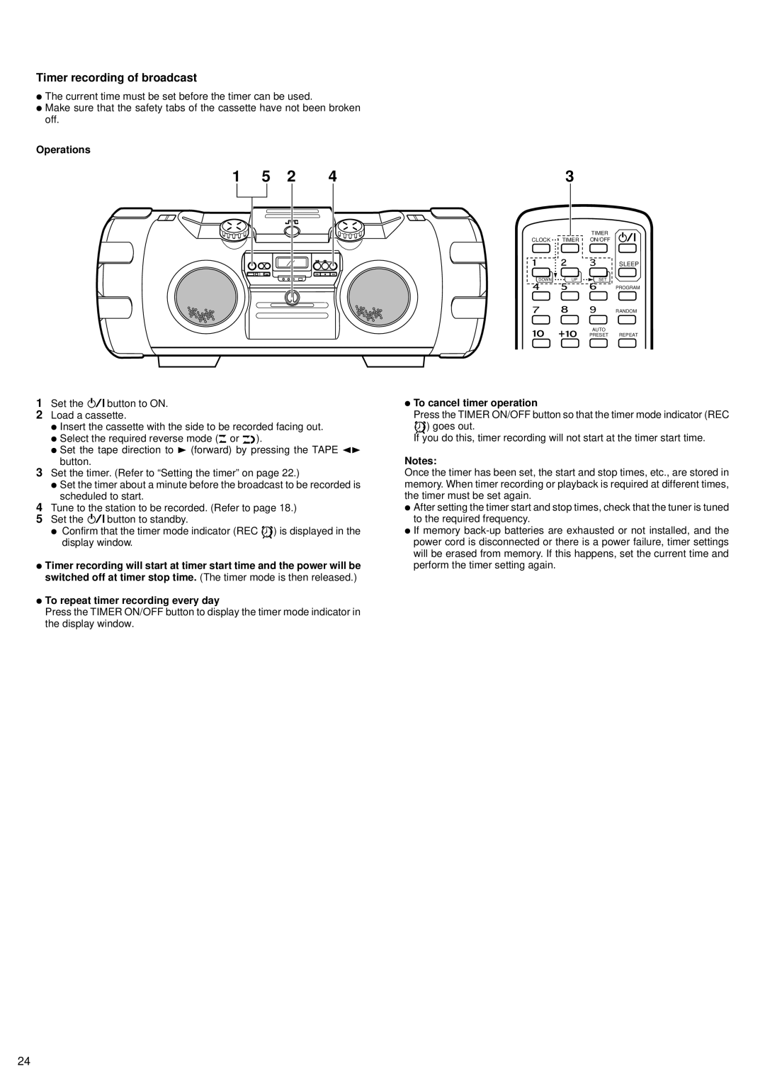 JVC RV-B99 BK/BU Timer recording of broadcast, Operations, To repeat timer recording every day, To cancel timer operation 