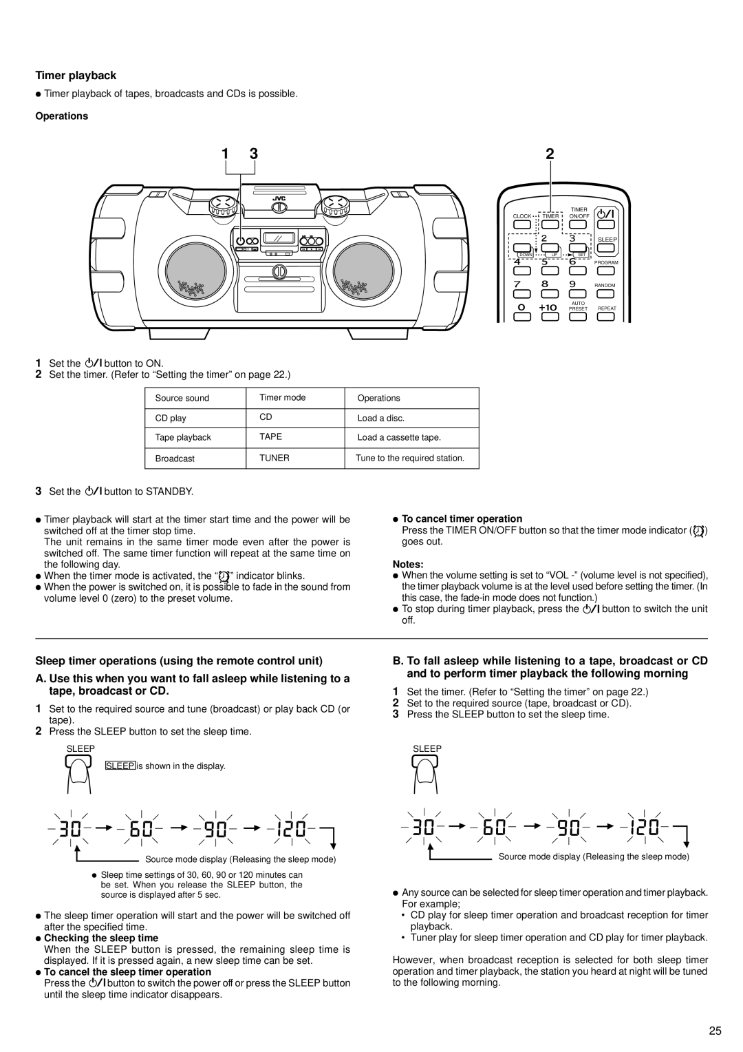 JVC RV-B99 BK/BU manual Timer playback, Checking the sleep time, To cancel the sleep timer operation 